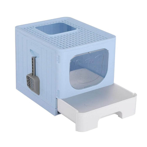 Large Cat Litter Box - Hooded, Foldable Tray with Scoop, Blue