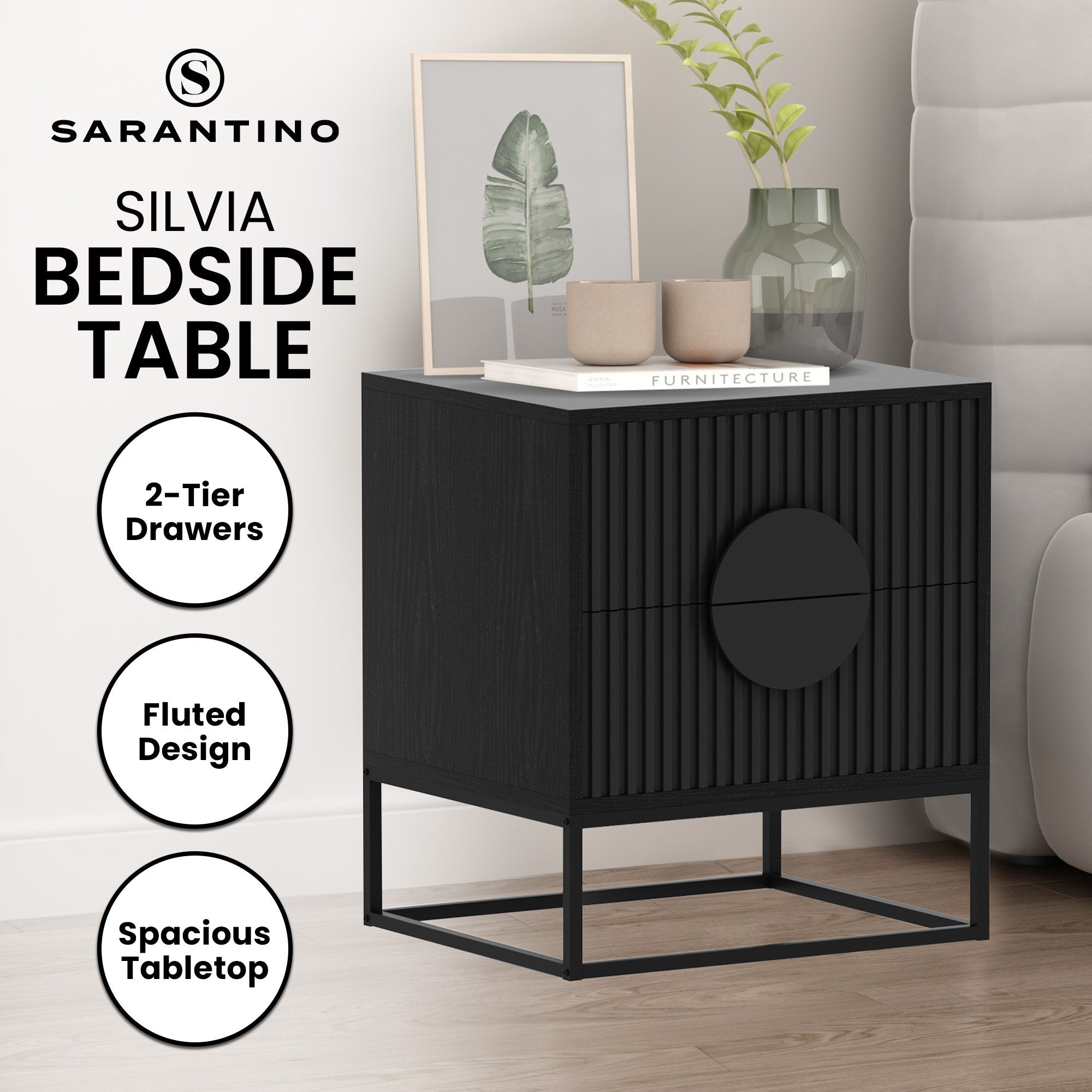 Stylish Bedside Table with Two Drawers and Sleek Black Handles