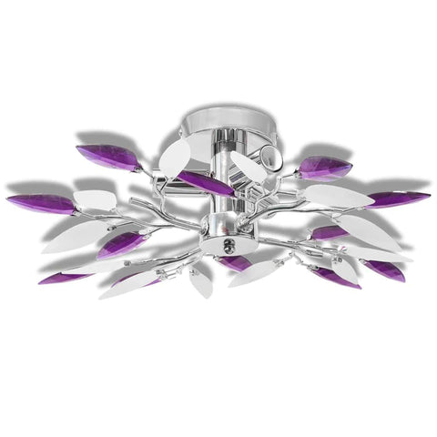 Ceiling Lamp White & Purple Acrylic Crystal Leaf Arms 3 E14 Bulbs