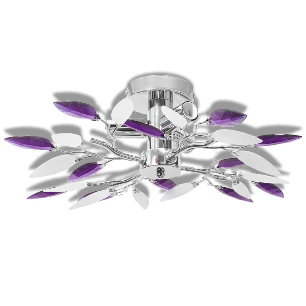 Ceiling Lamp White & Purple Acrylic Crystal Leaf Arms 3 E14 Bulbs