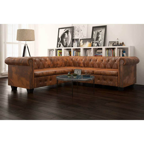 Chesterfield Corner Sofa 5-Seater Artificial Leather Brown