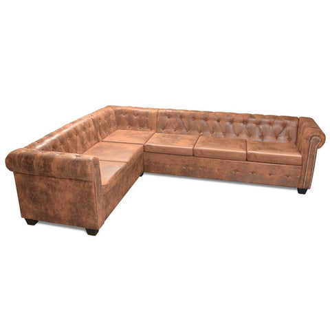 Chesterfield Corner Sofa 6-Seater Artificial Leather Brown