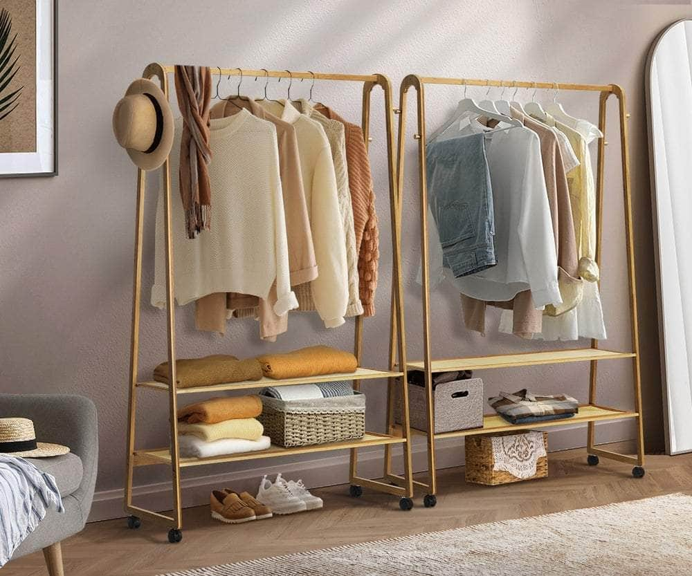 Clothes Rack Bamboo Hanging Rail Portable Wheels