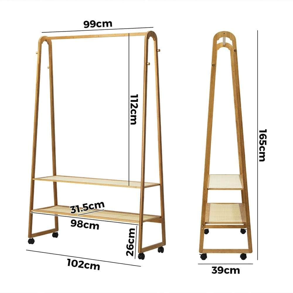 Clothes Rack Bamboo Hanging Rail Portable Wheels