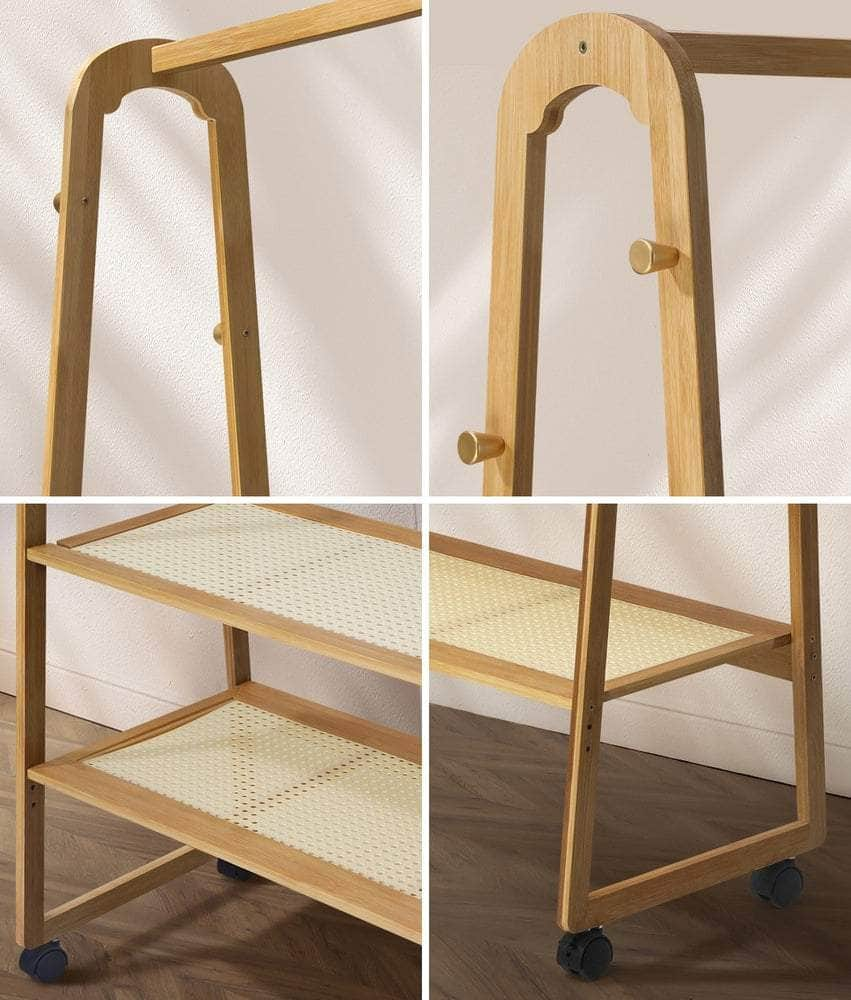 Clothes Rack Bamboo Hanging Rail Portable Wheels