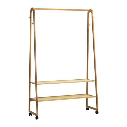 Clothes Rack Bamboo Hanging Rail Portable Wheels