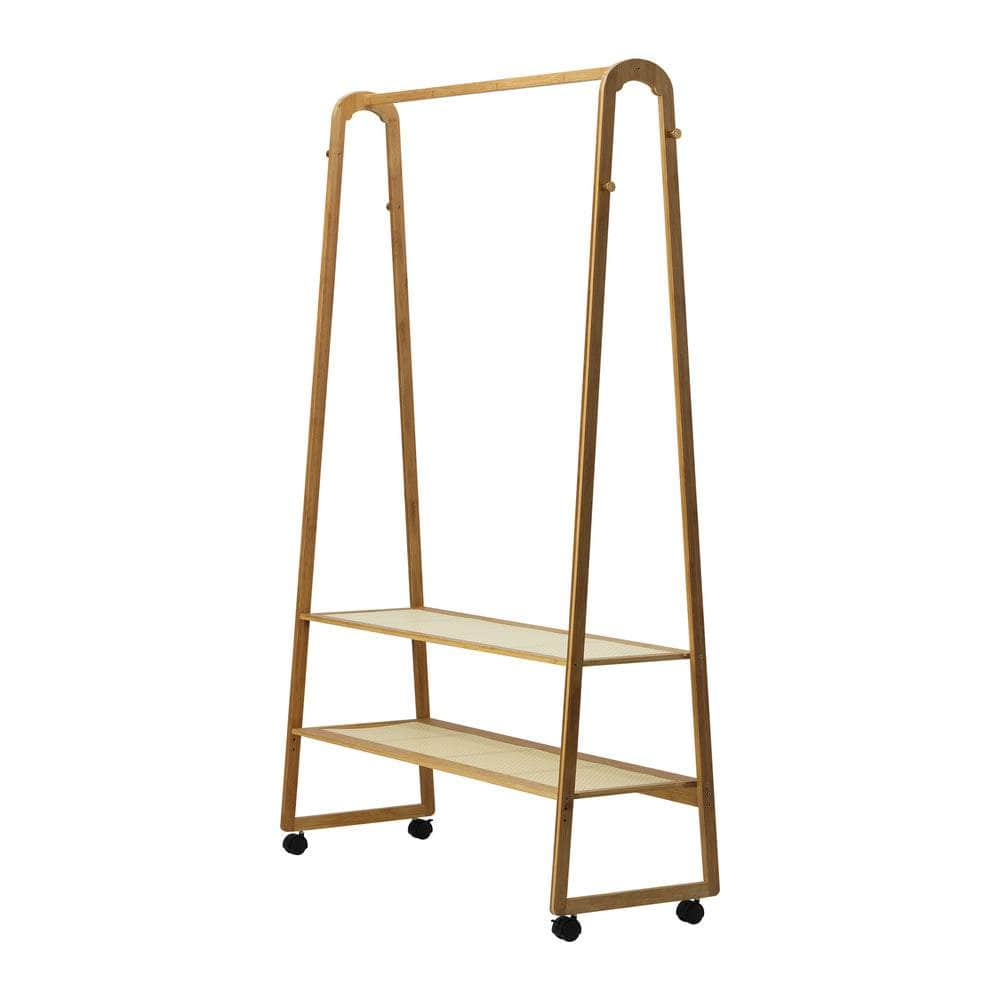 Clothes Rack Bamboo Hanging Rail Portable Wheels