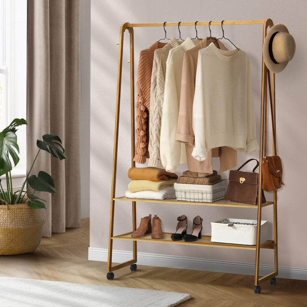 Clothes Rack Bamboo Hanging Rail Portable Wheels