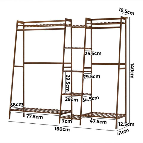 Clothes Rack Open Wardrobe Hanging Rail Bamboo 9 Shelves