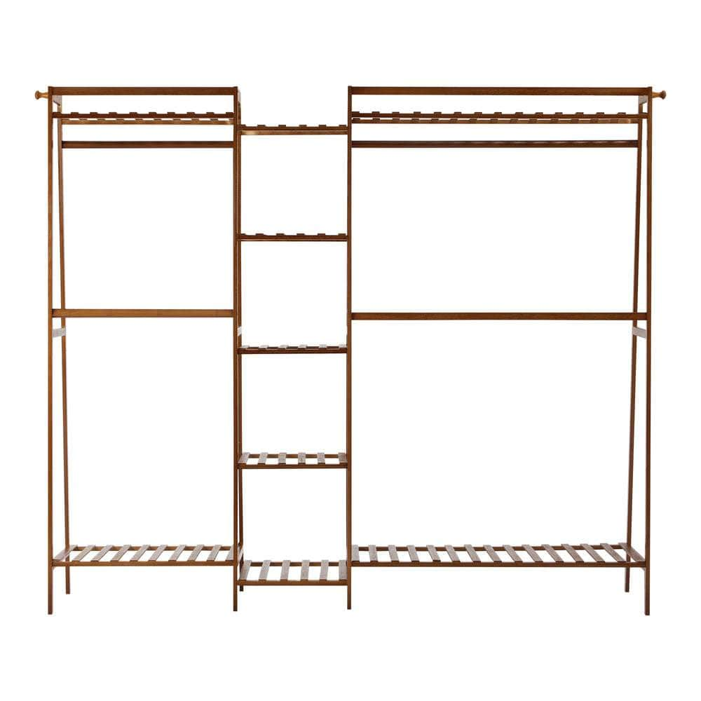 Clothes Rack Open Wardrobe Hanging Rail Bamboo 9 Shelves