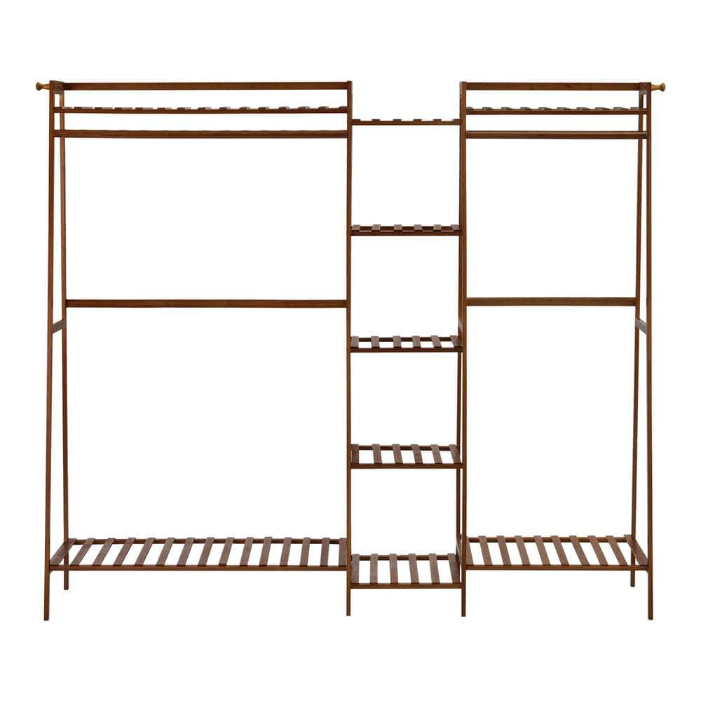 Clothes Rack Open Wardrobe Hanging Rail Bamboo 9 Shelves