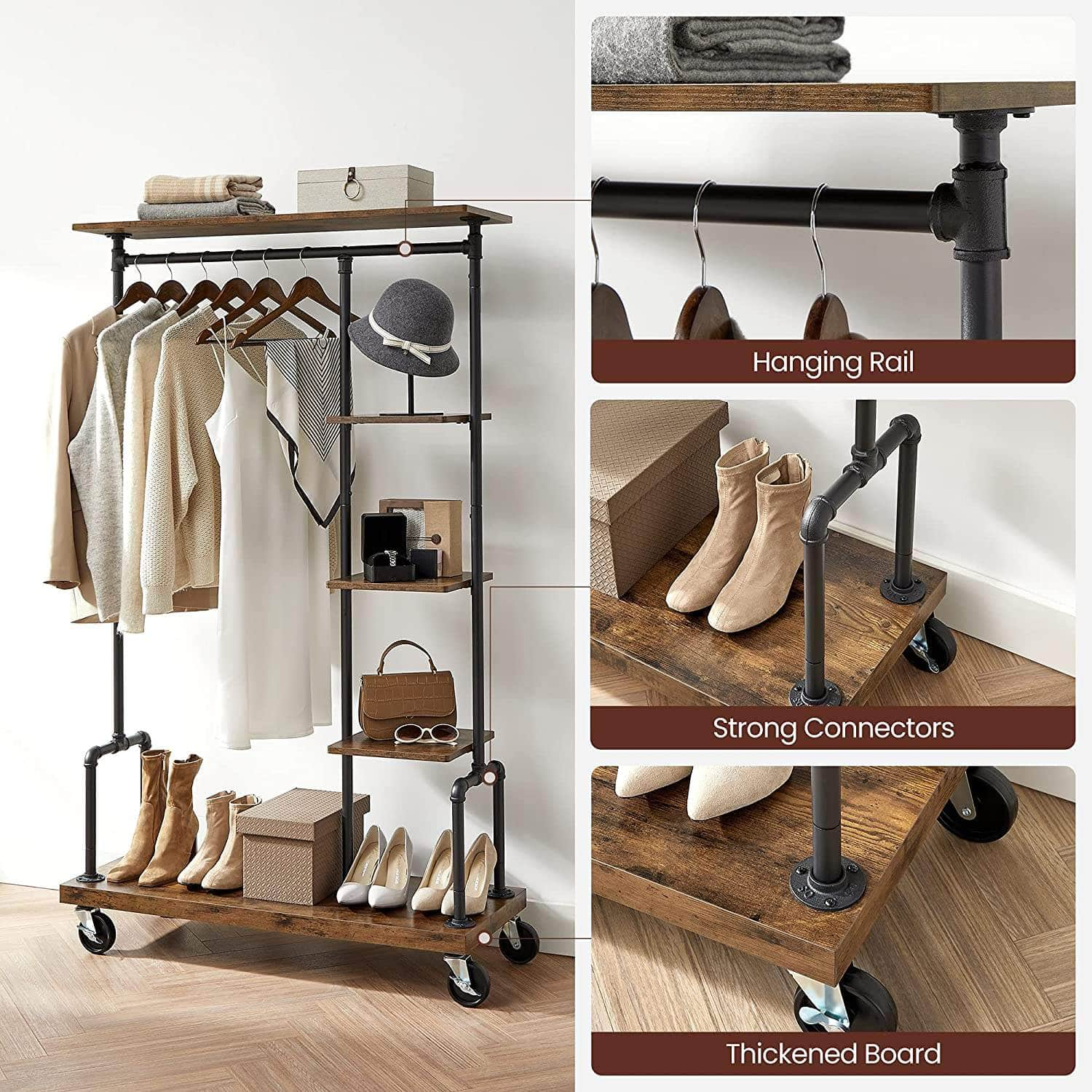 Clothing Garment Rack On Wheels With 5-Tier, Industrial Pipe Style, Rustic Brown