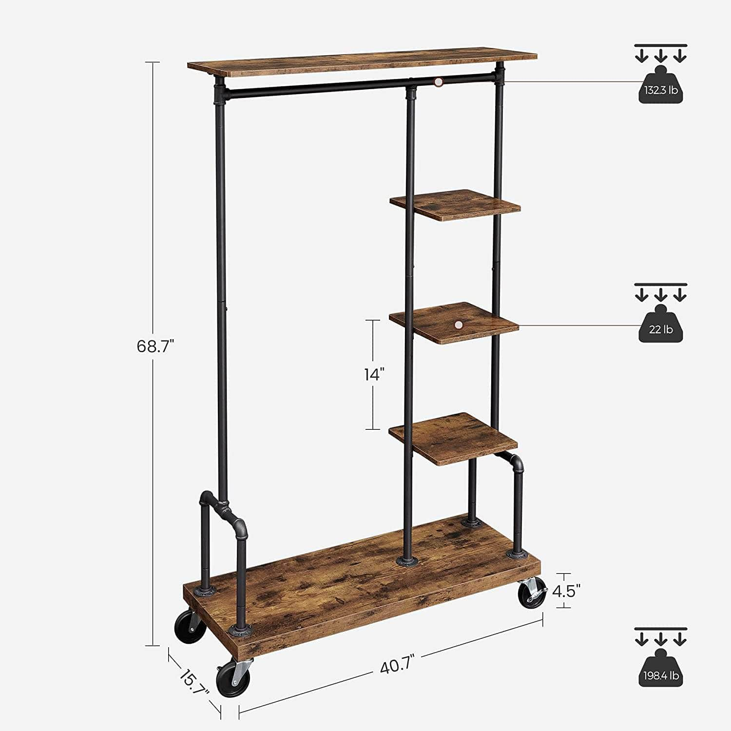 Clothing Garment Rack On Wheels With 5-Tier, Industrial Pipe Style, Rustic Brown