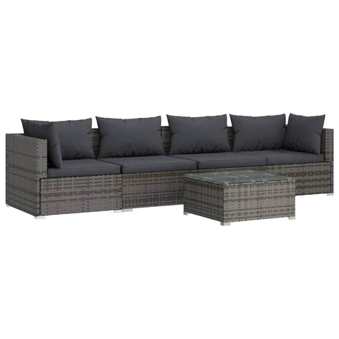 Coastal Comfort: 5-Piece Grey Poly Rattan Garden Lounge Set with Cushions