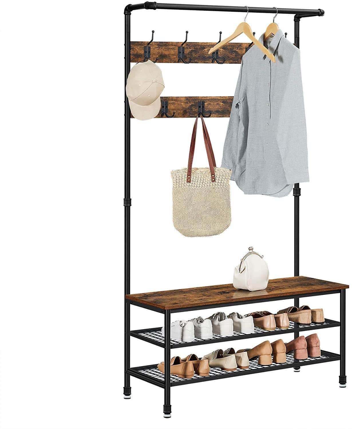 Coat Rack Stand With 9 Hooks And Shoe Rack With Industrial Style Sturdy Steel Frame