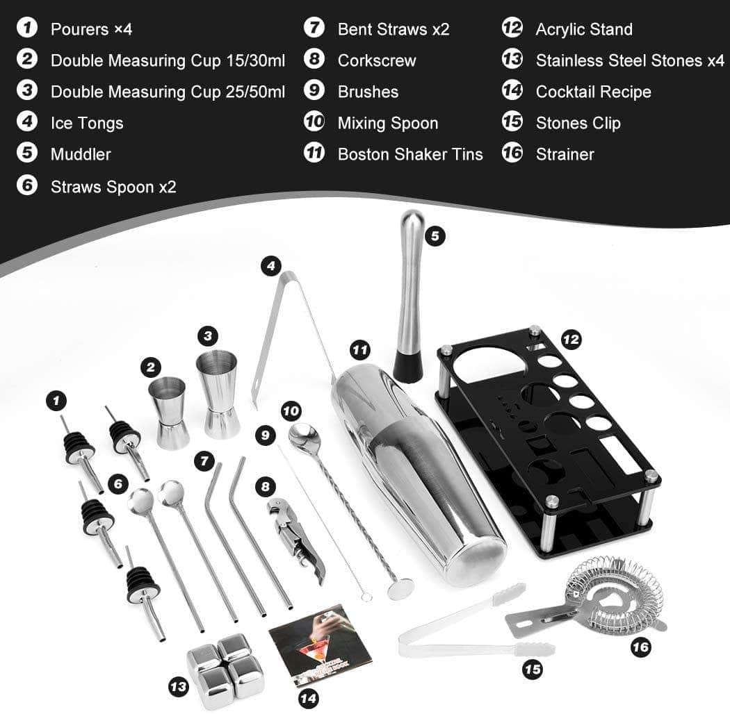 Cocktail Shaker Set Boston 23-Piece Stainless Steel, Bar Tools For Drink Mixing