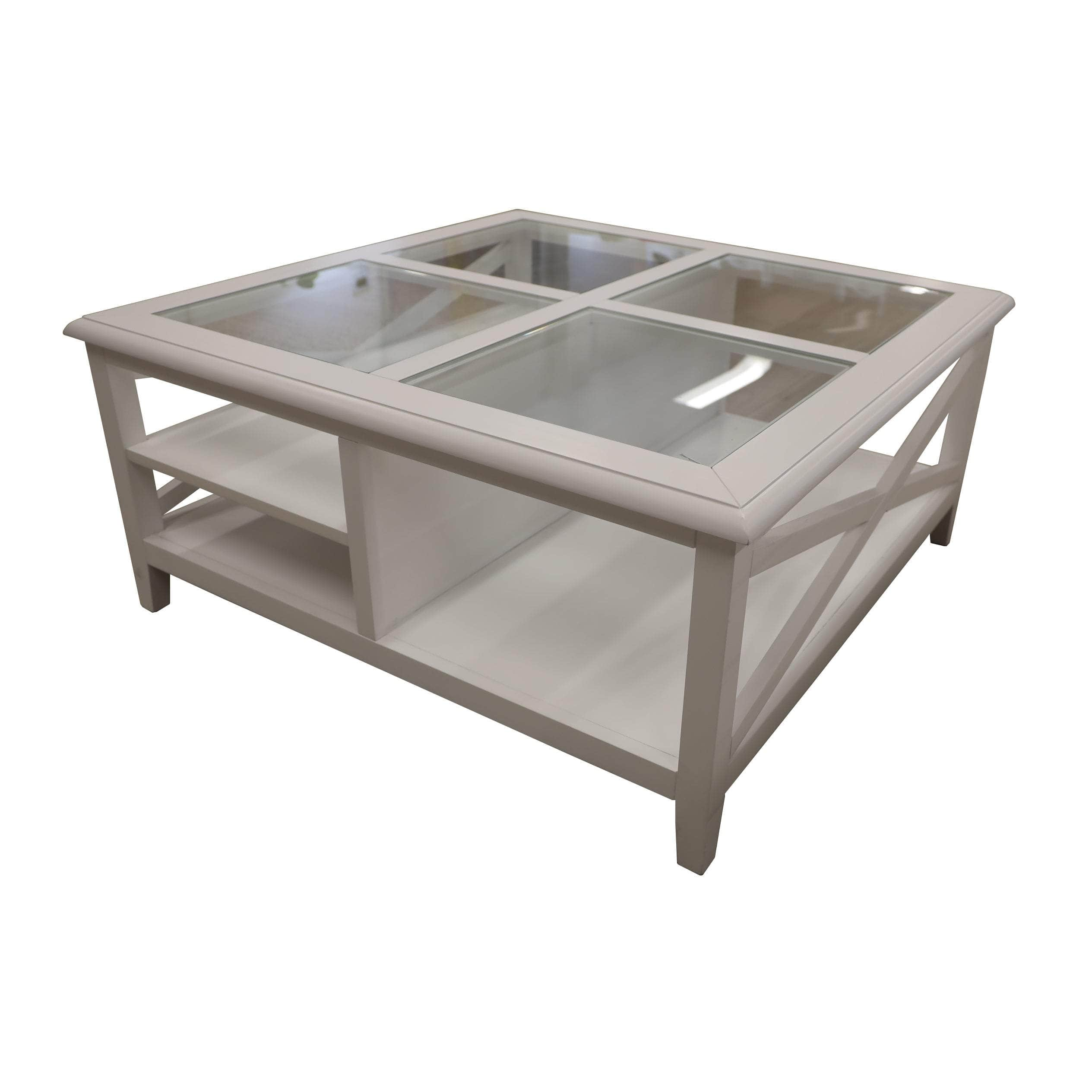 Coffee Table 100Cm Glass Top Solid Acacia Wood Hampton Furniture - White