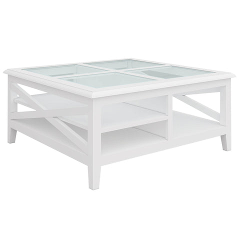 Coffee Table 100Cm Glass Top Solid Acacia Wood Hampton Furniture - White