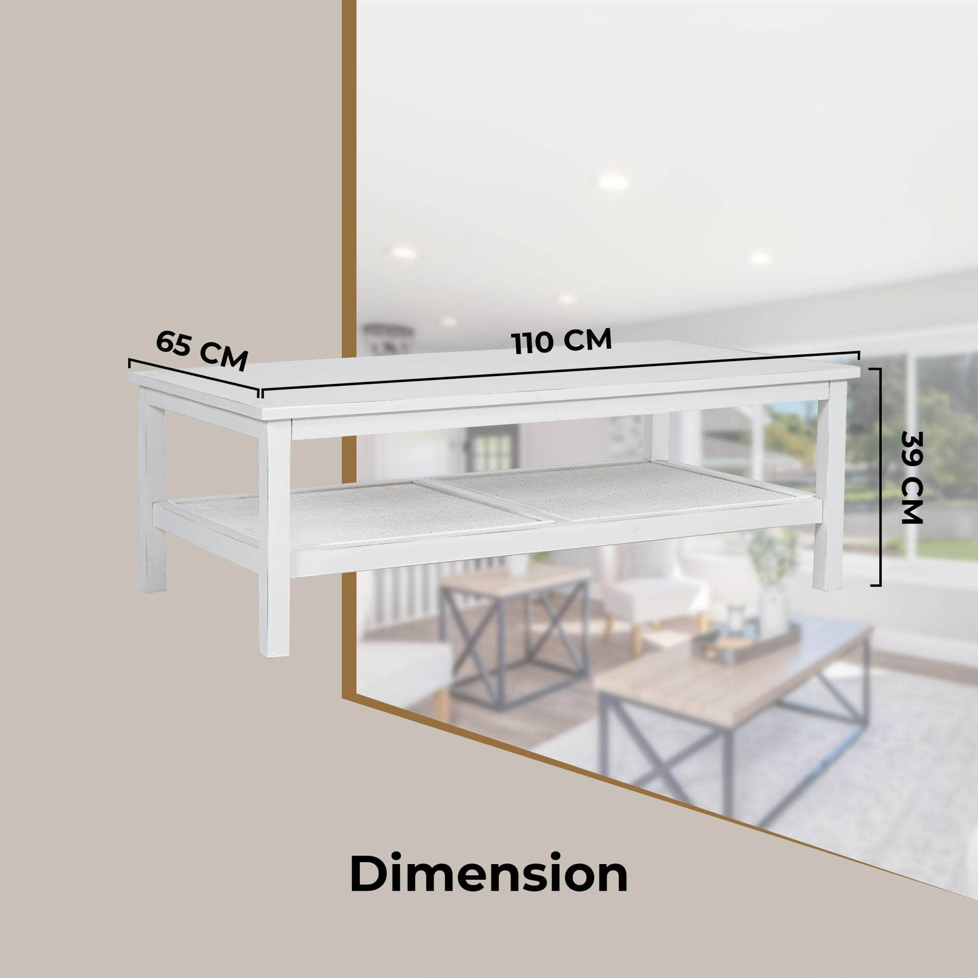 Coffee Table 110Cm Mindi Timber Wood Rattan Weave - White