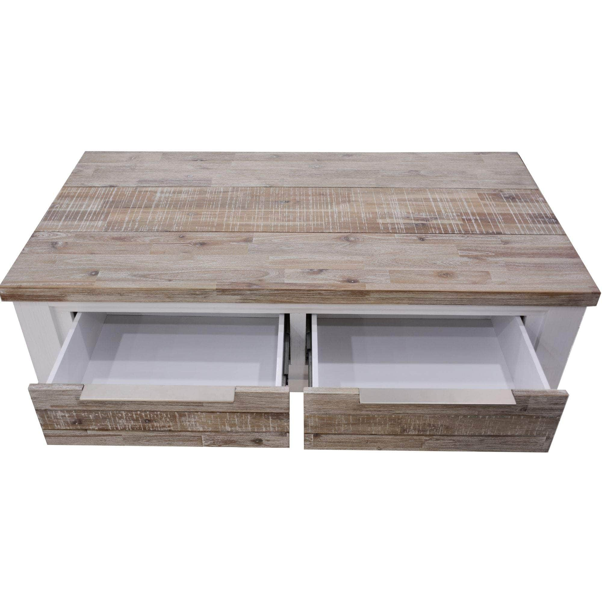 Coffee Table 130Cm 2 Drawer Solid Acacia Timber Wood - White Brush