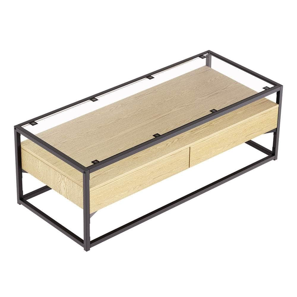 Coffee Table 2 Drawers Glass Tabletop Pine