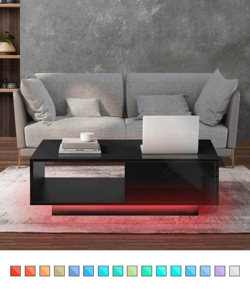 Coffee Table LED Light High Gloss Storage Drawer Modern Furniture