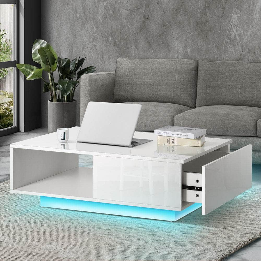 Coffee Table LED Light High Gloss Storage Drawer Modern Furniture