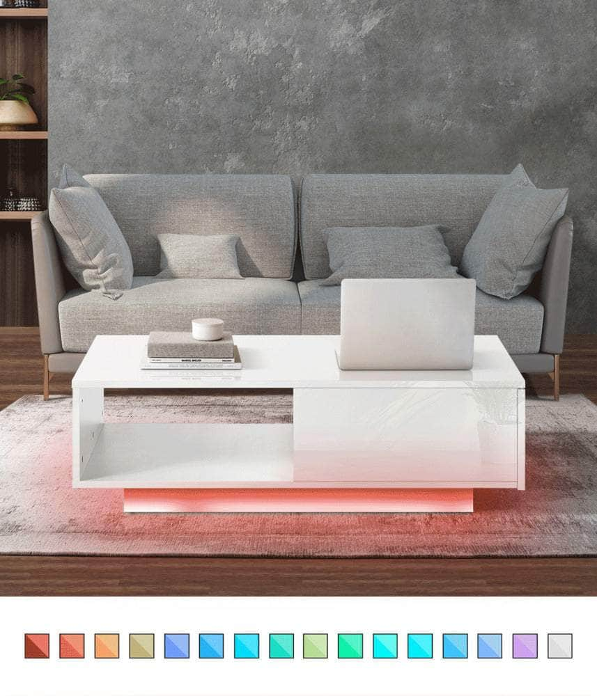 Coffee Table LED Light High Gloss Storage Drawer Modern Furniture