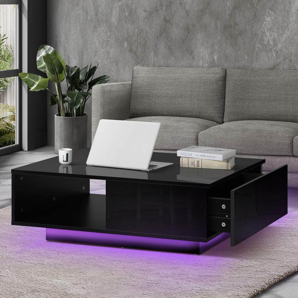 Coffee Table LED Light High Gloss Storage Drawer Modern Furniture