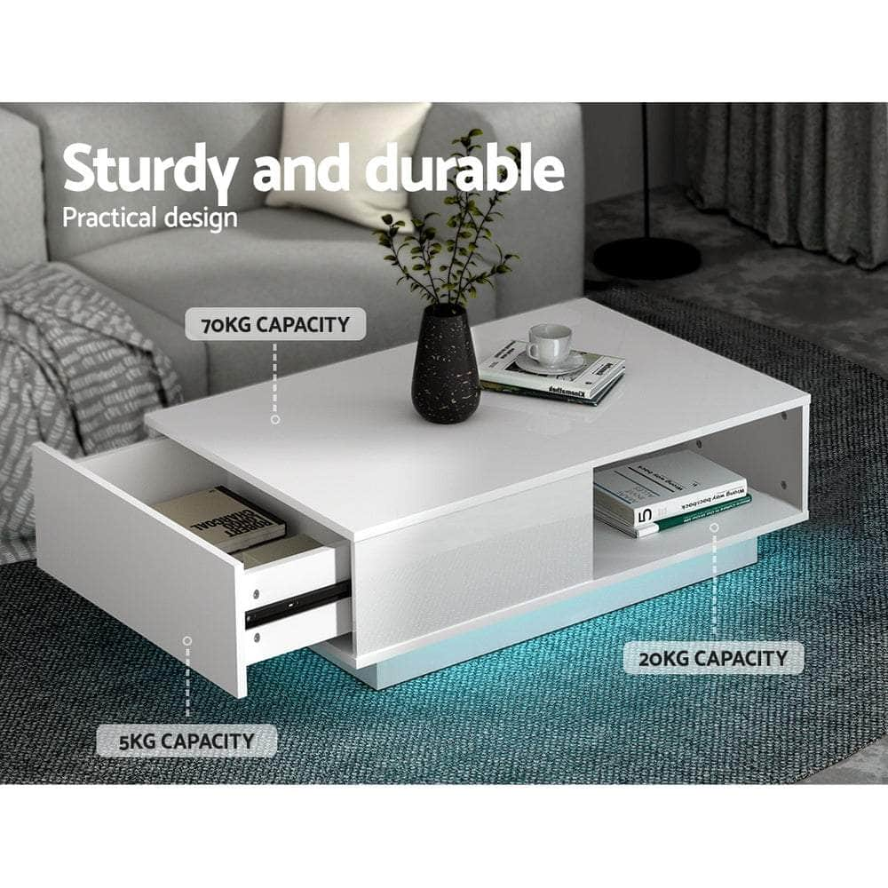 Coffee Table LED Lights High Gloss Storage Drawer Modern Furniture White/Black