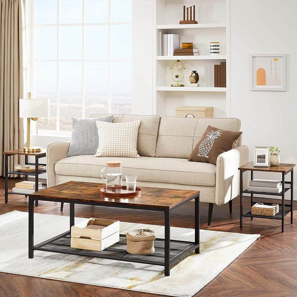 Coffee Table Living Room Table With Dense Mesh Shelf Large Storage Rustic Brown