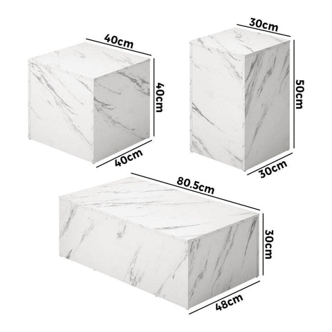 Coffee Table Set of 3 Side Tables Marble Effect White