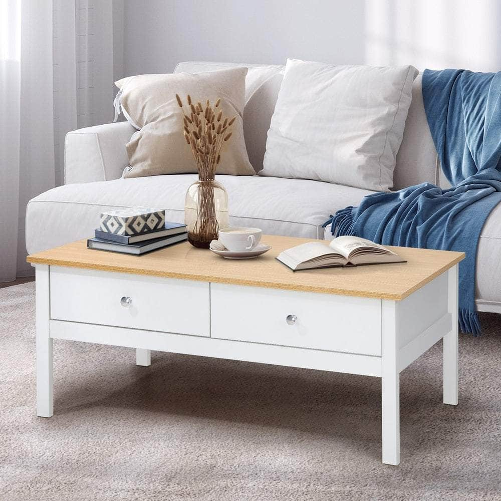 Coffee Table Storage Drawers Natural White