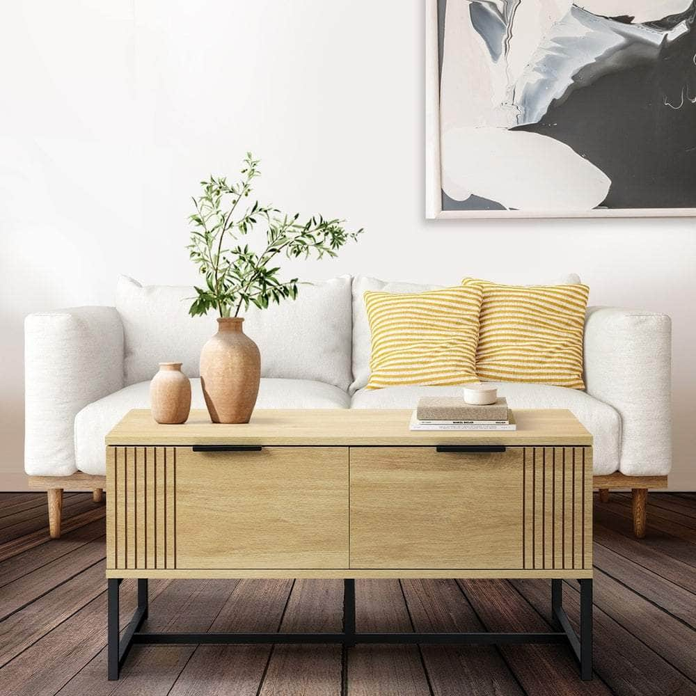 Coffee Table with Storage Drawers Wooden Natural