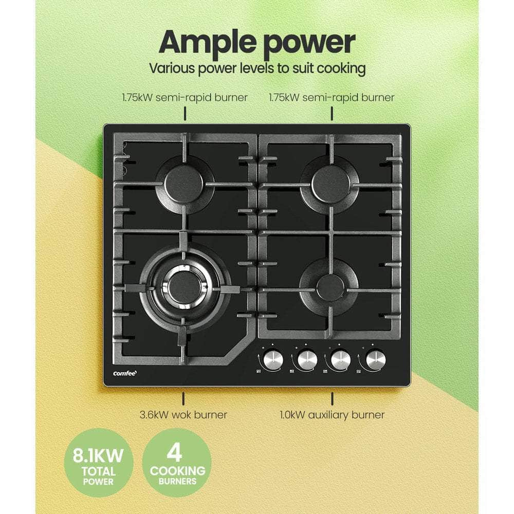 Comfee 60cm Gas Cooktop 4 Burners Kitchen Gas Hob Trivets Stove Cook Top Black, NG LPG