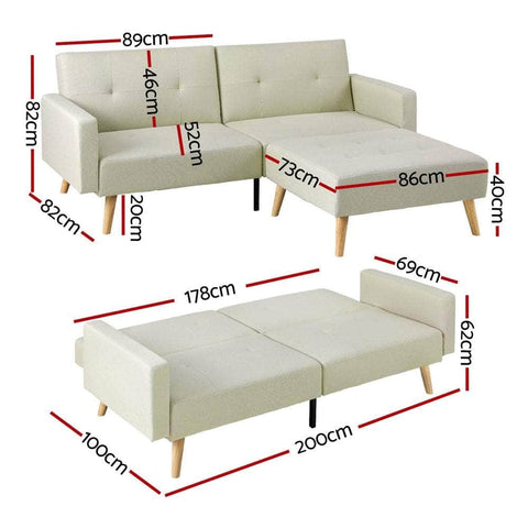 Sofa Bed Lounge Convertible Ottoman Couch Recliner 3 Seater Fabric Beige