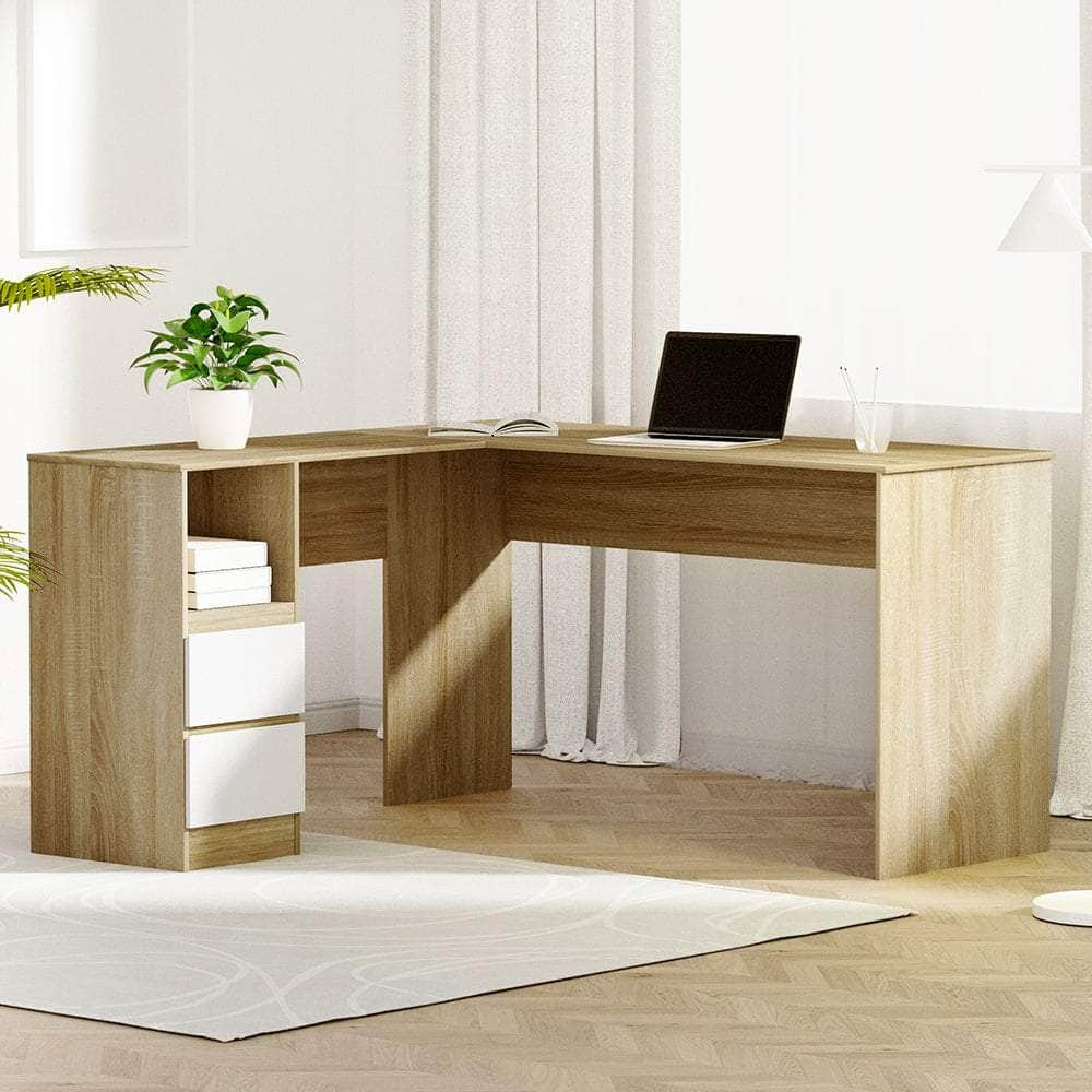 Computer Desk Drawer Cabinet L-Shape Oak 136Cm