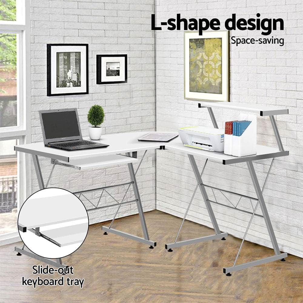 Computer Desk L-Shape Keyboard Tray Shelf White