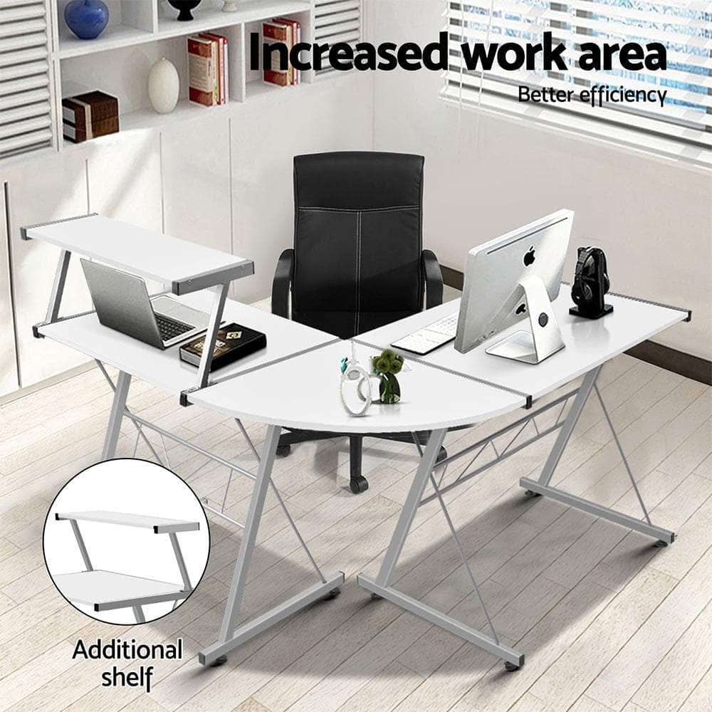 Computer Desk L-Shape Keyboard Tray Shelf White