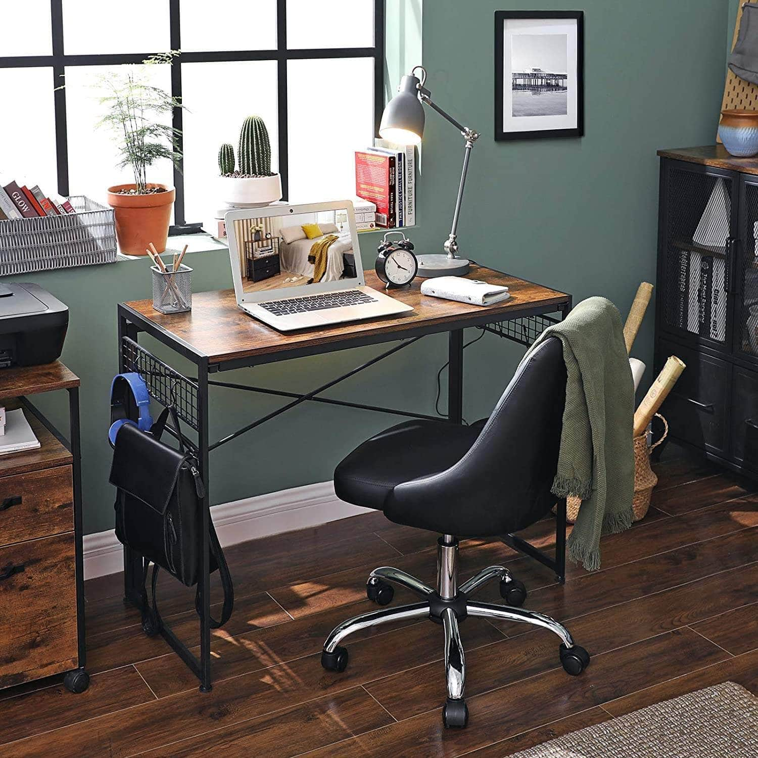 Computer Desk With 8 Hooks Rustic Brown And Black