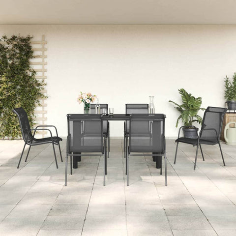 Contemporary Outdoor Dining: 7-Piece Black Steel and Textilene Garden Dining Set