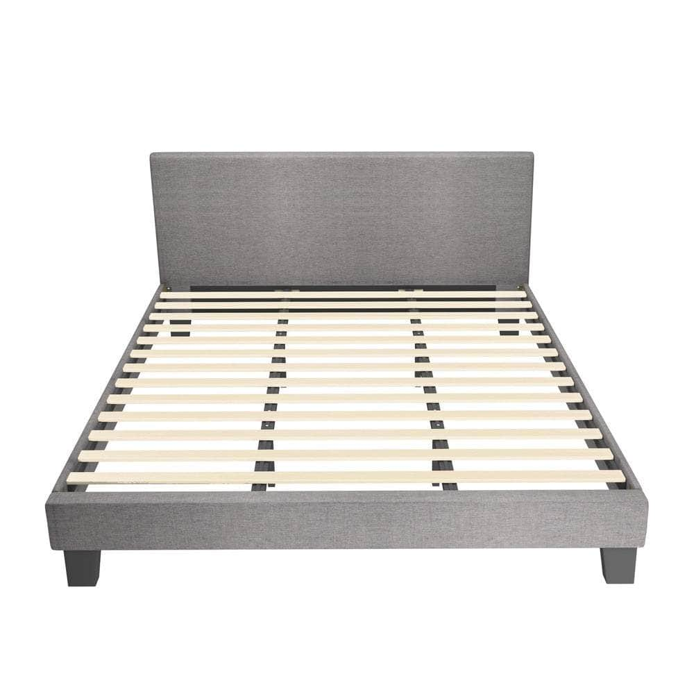 Contemporary Platform Bed with Grey Fabric and Wooden Slats for King Size Mattress