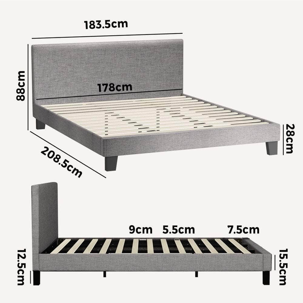 Contemporary Platform Bed with Grey Fabric and Wooden Slats for King Size Mattress