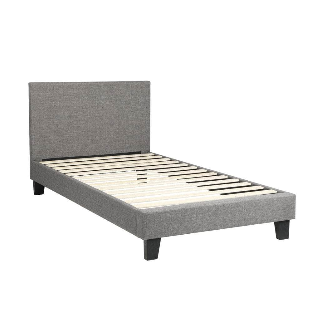 Contemporary Platform Bed with Grey Fabric and Wooden Slats for King Size Mattress