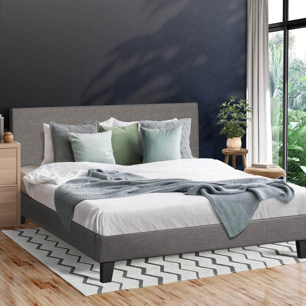 Contemporary Platform Bed with Grey Fabric and Wooden Slats for King Size Mattress