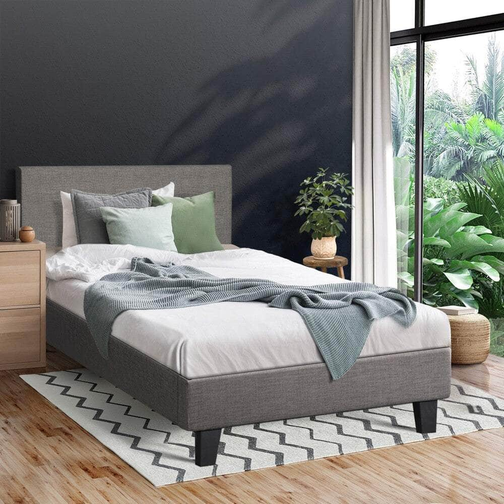 Contemporary Platform Bed with Grey Fabric and Wooden Slats for King Size Mattress