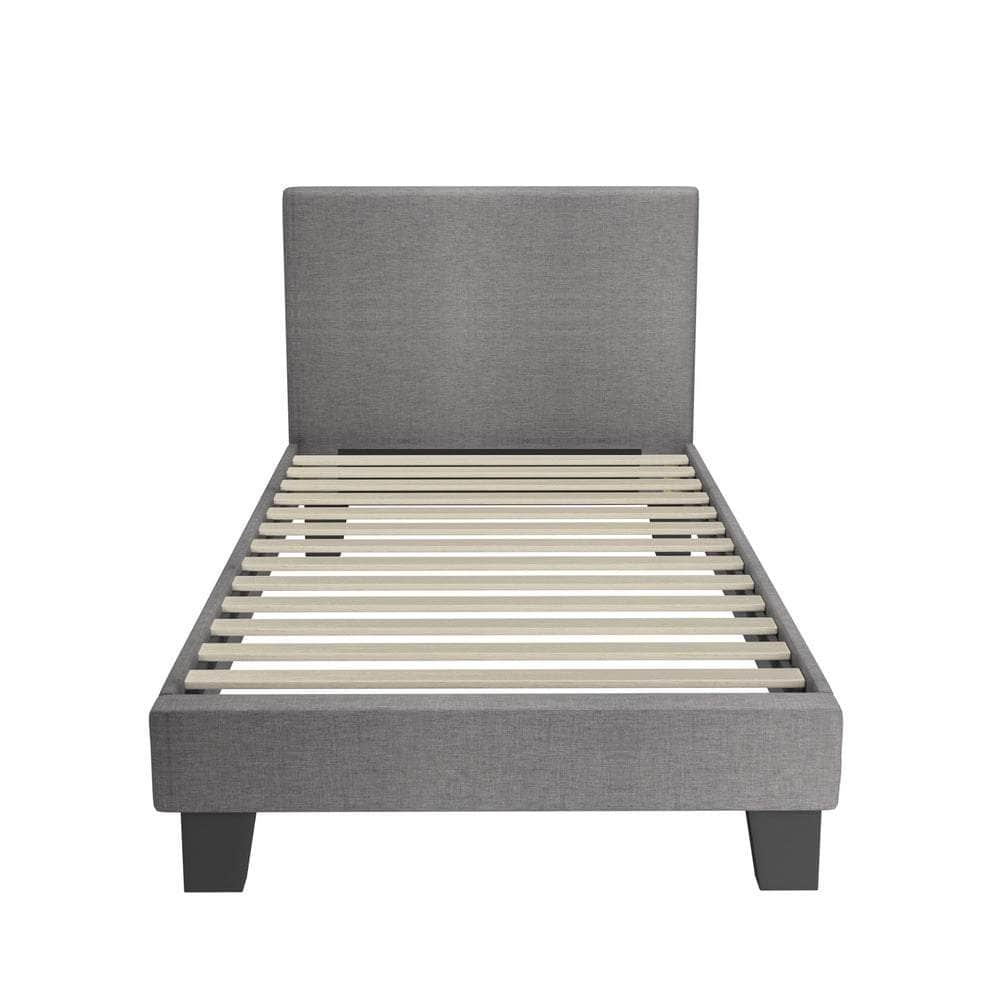 Contemporary Platform Bed with Grey Fabric and Wooden Slats for King Size Mattress