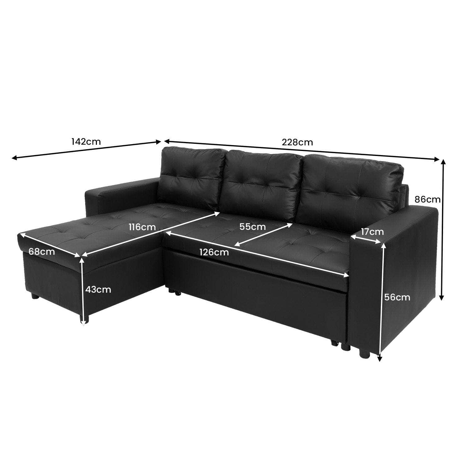 Corner Sofa Bed Storage Chaise Couch Leather Black