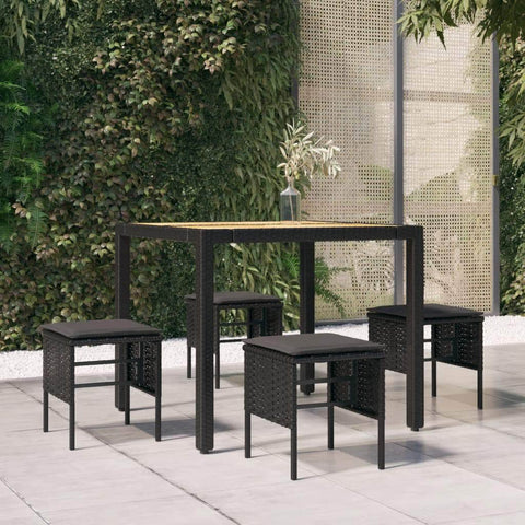 Cosy Oasis: 4-Piece Poly Rattan Garden Footstool Set with Cushions-Black\Grey