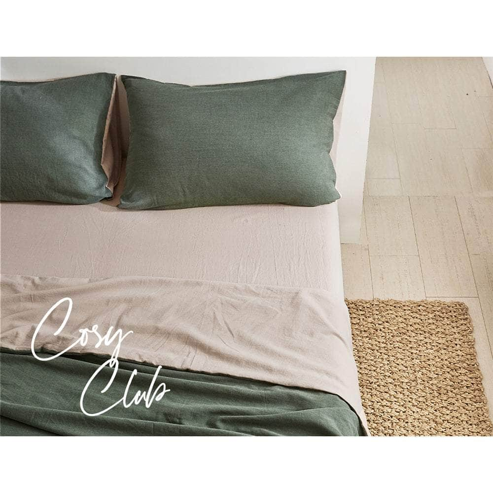 Cotton Bed Sheets Set Green Beige Cover Double